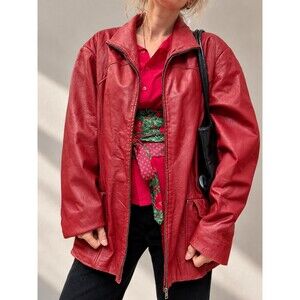 Vintage Red Leather Jacket Plus Size 3X Oversized Zip Coat Pockets Distressed